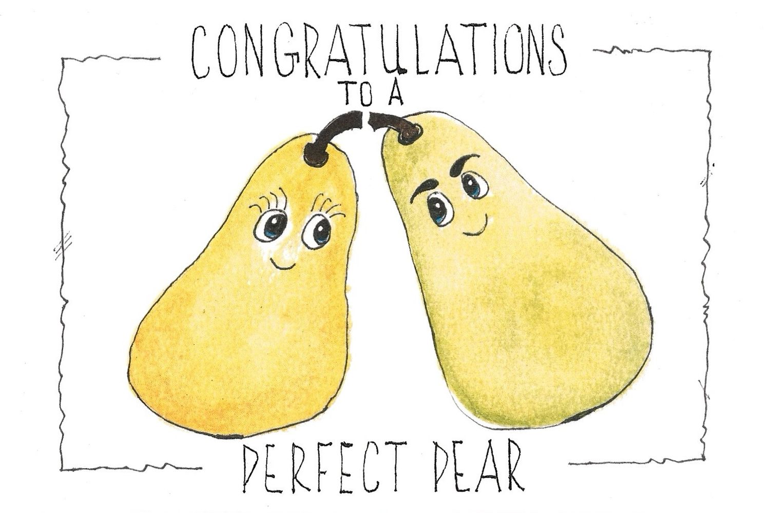 Two yellow pear characters with cute faces and text saying 'Congratulations Perfect Pear'.