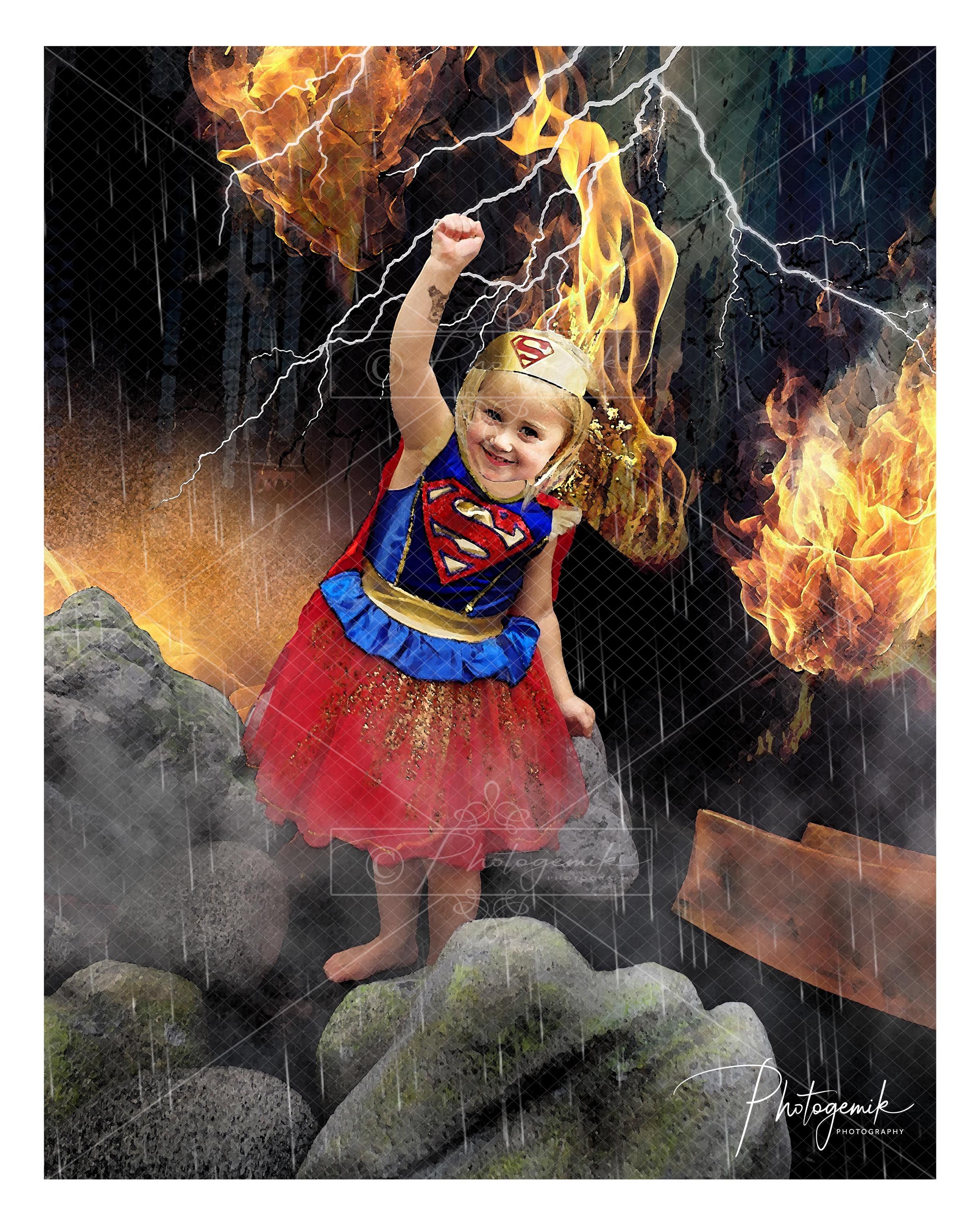 Super Girl Saving The City. Superhero Photo Shoot. Photogemik Photography Studio Bradford, West Yorkshire.