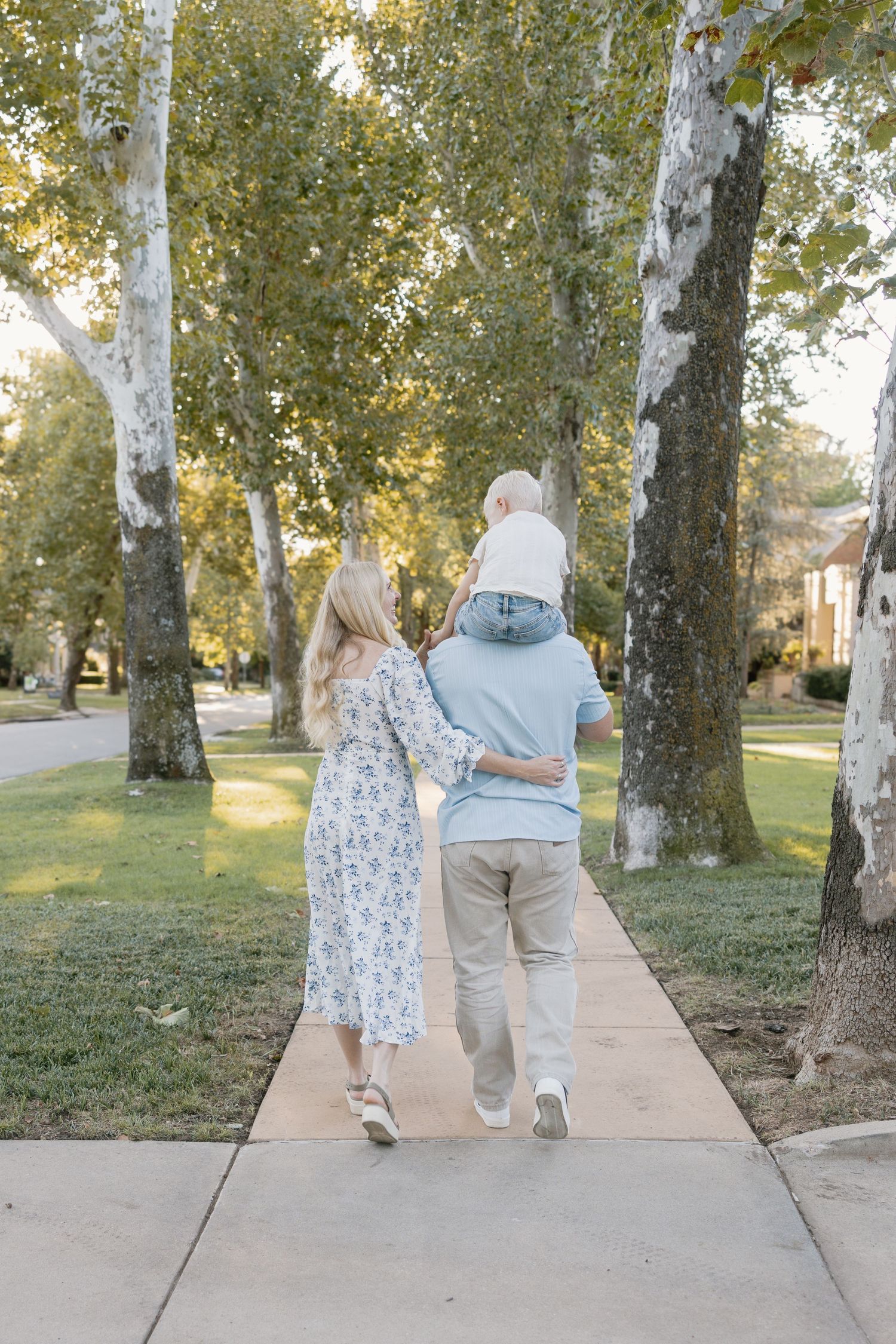 Family walking together on tree-lined sidewalk during golden hour.