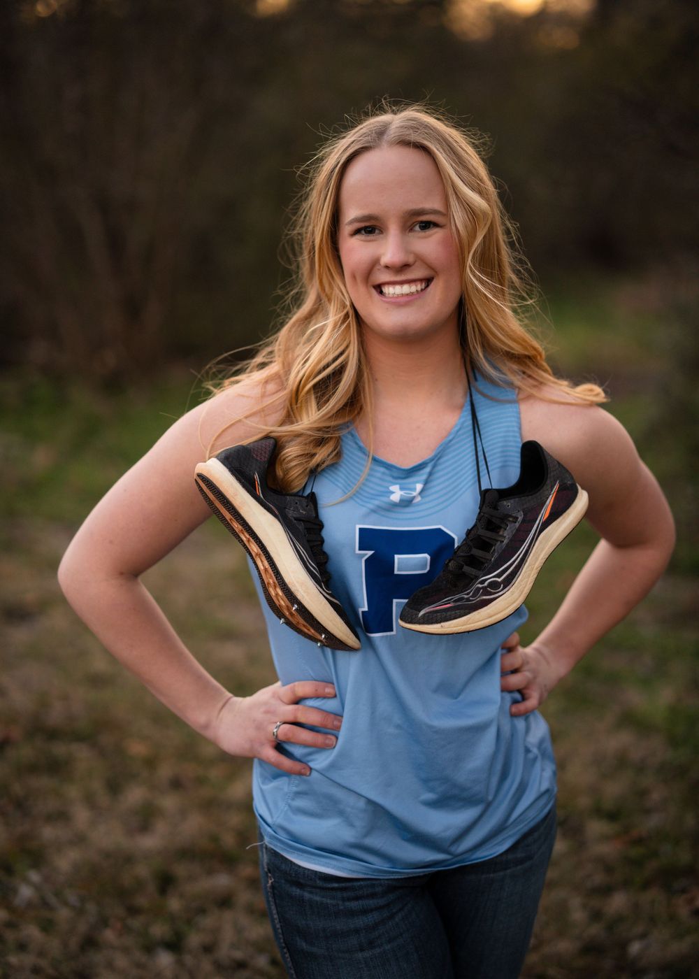 A person wearing a blue P-logo jersey poses outdoors in a dynamic sequence of four similar shots.