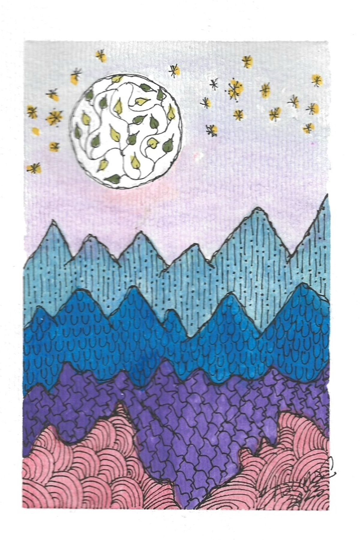 Whimsical mountain landscape with moon and stars in blue and purple tones using pattern-filled shapes.