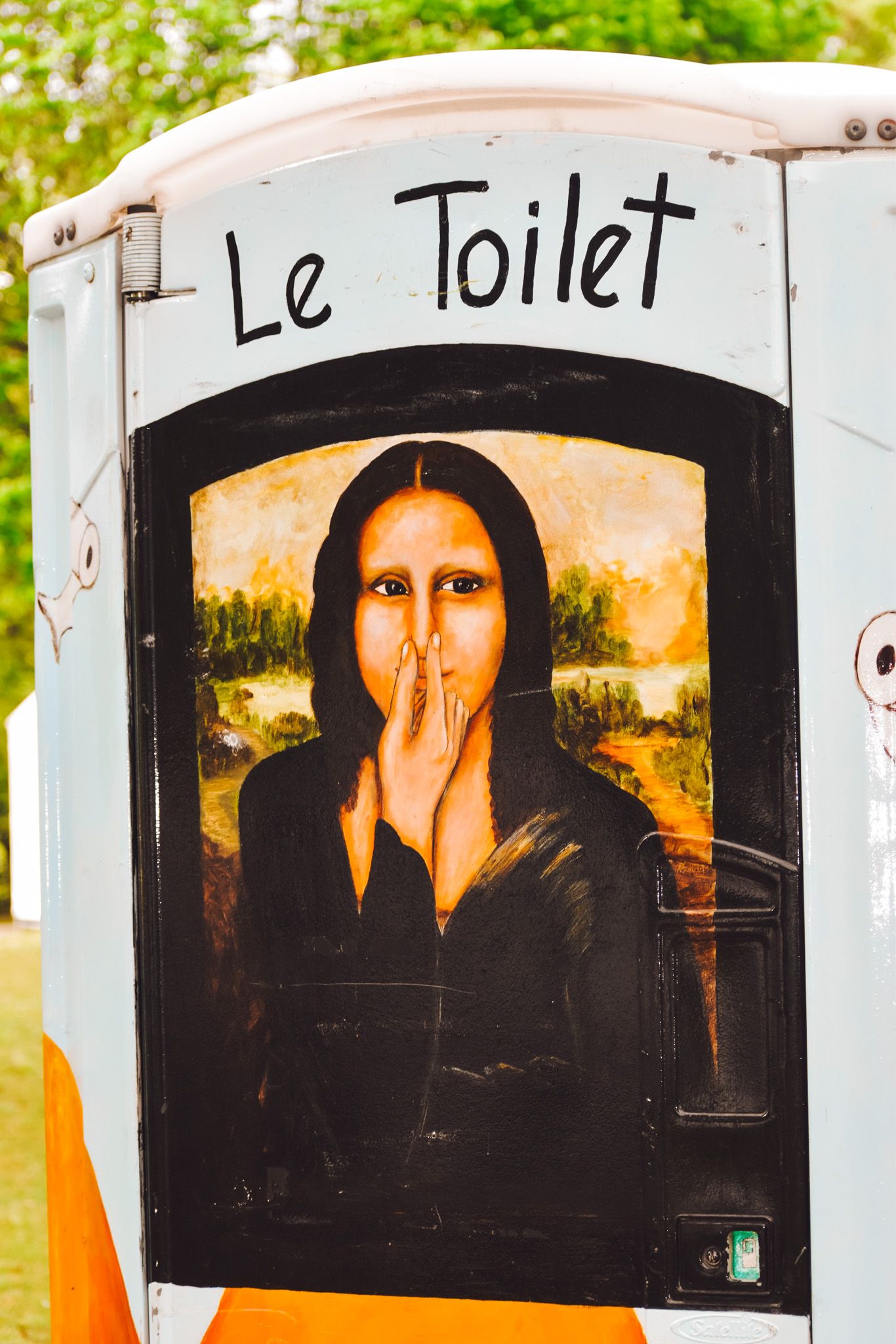 Humorous street art parody of Mona Lisa painted on portable toilet door.