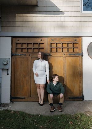 A sequence of photos showing a person emerging from behind a wooden cellar door in a playful manner.