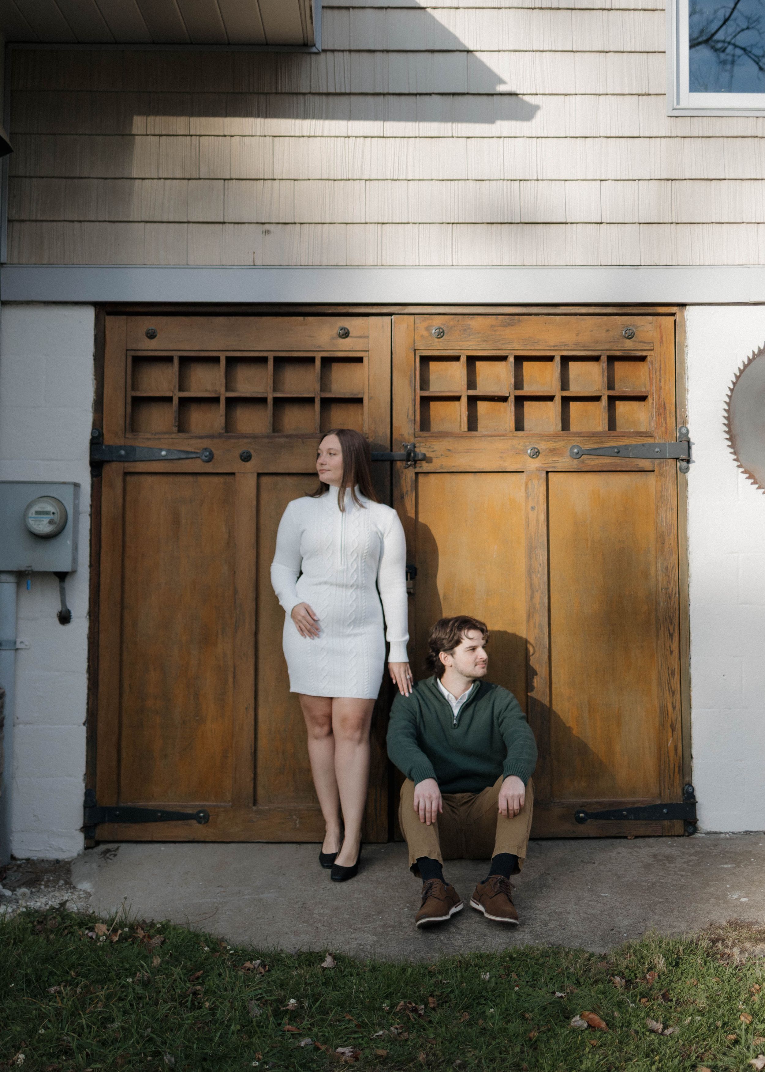 A sequence of photos showing a person emerging from behind a wooden cellar door in a playful manner.