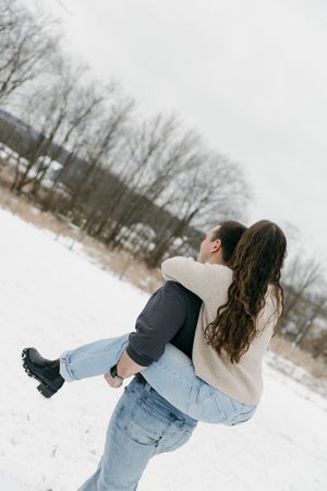 A sequence of photos showing a person in a denim jacket spinning in the snow against a winter landscape.
