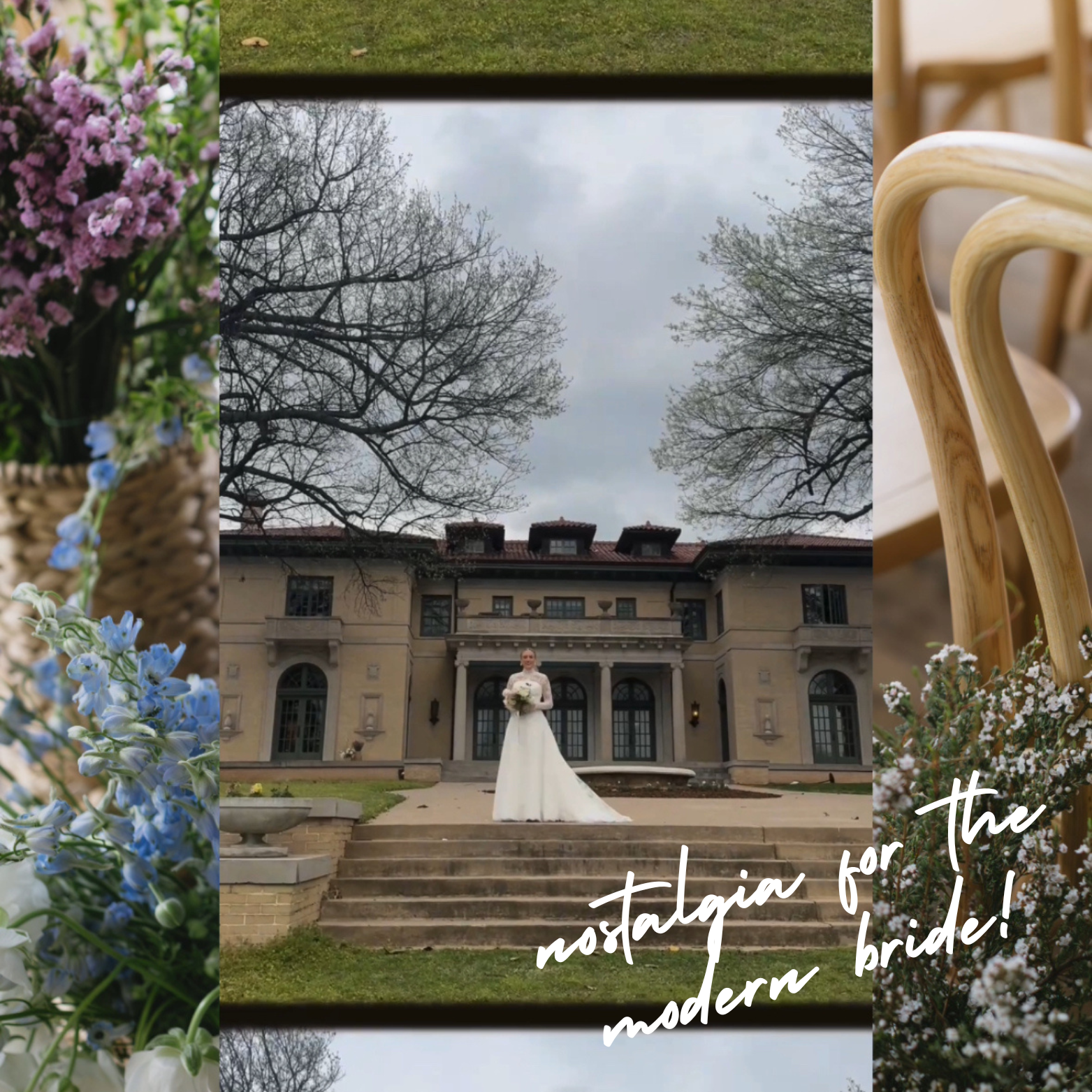 A wedding scene outside a grand mansion with bare winter trees and colorful floral decorations in a photo collage.