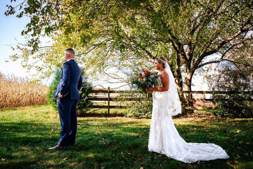 Scenic outdoor wedding photography with green trees and rustic fence in background.