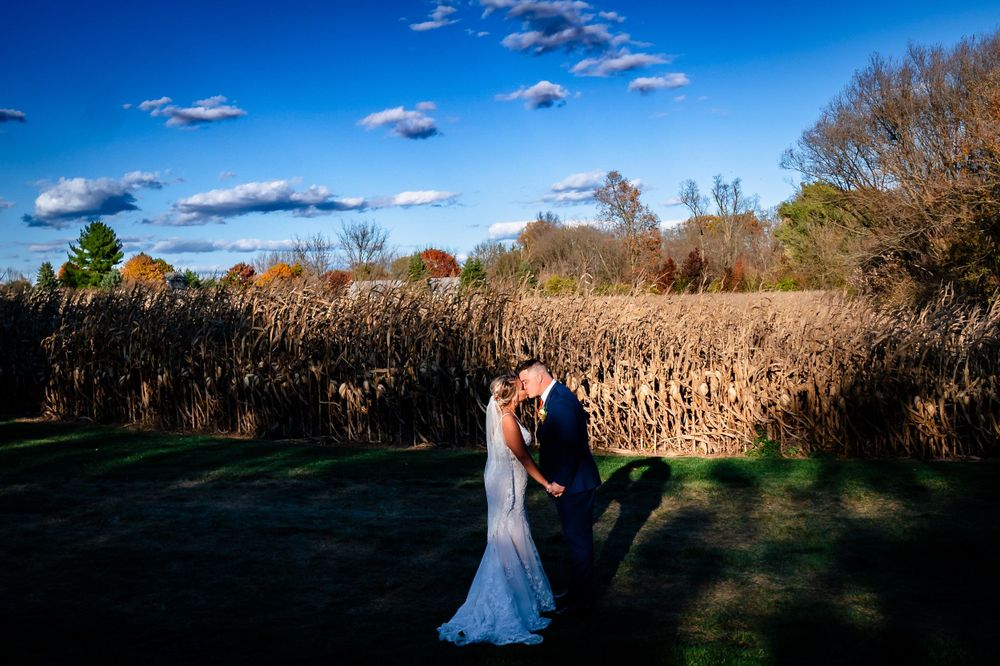 Wedding couple poses in front of a cornfield under vibrant blue skies with wispy clouds.