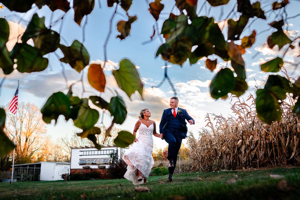 Couple walking through autumn cornfield at sunset with American flags waving in the background.