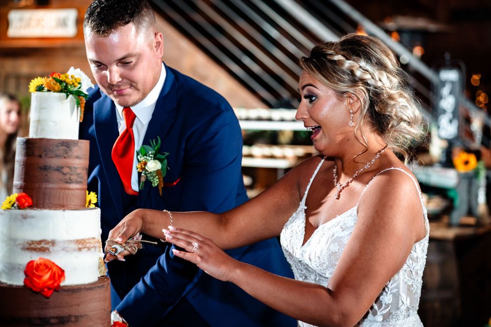 Couple cuts their three-tiered chocolate and white wedding cake.