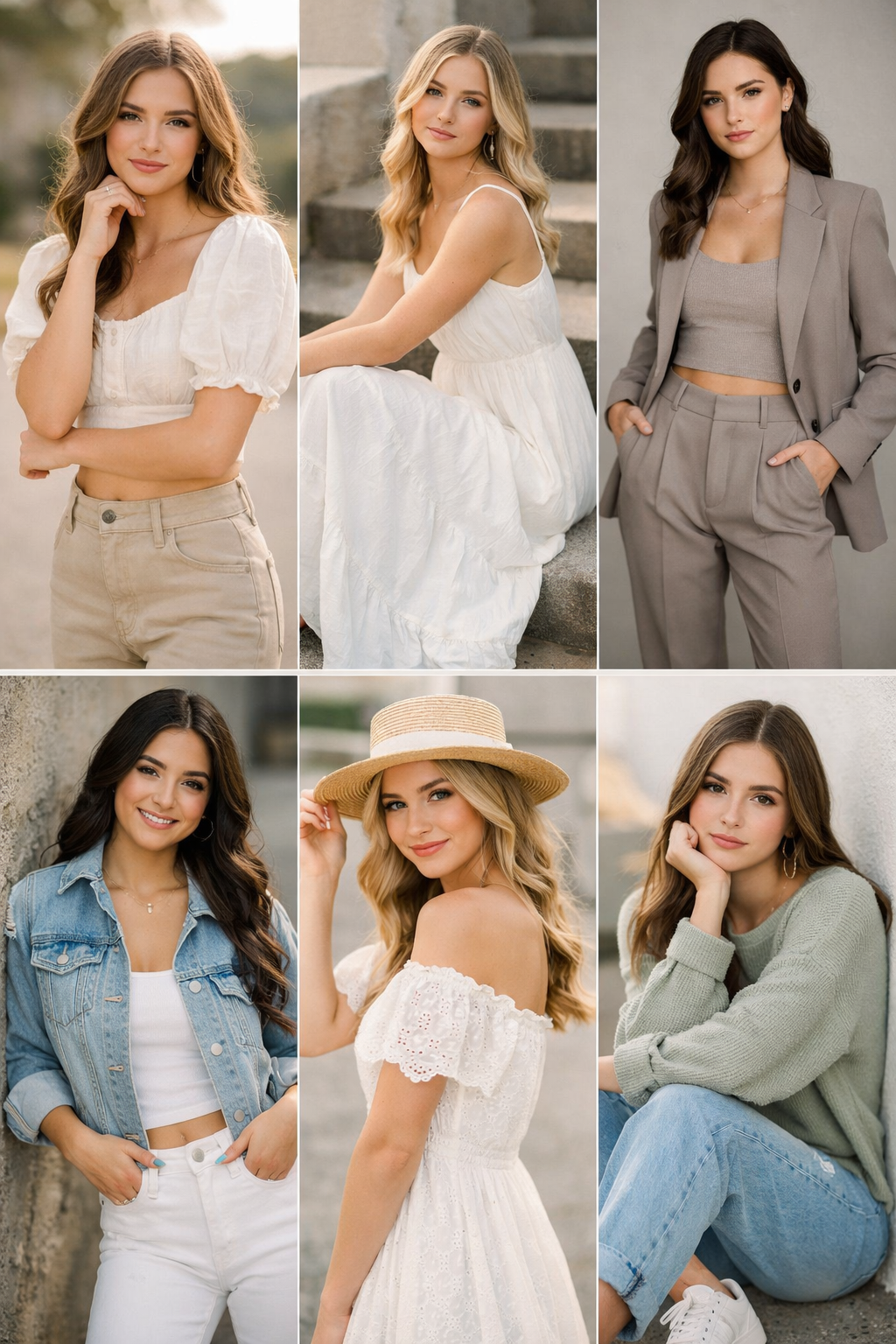 Fashion model photo collage featuring casual and business wear in neutral tones with denim, blazers, and white dresses.