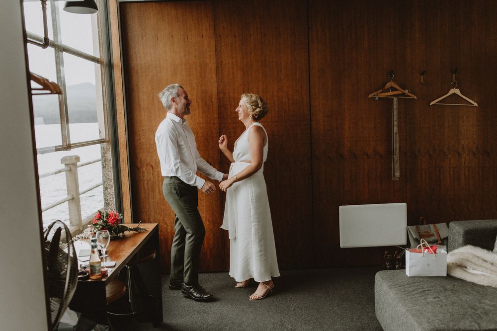 couple at elopement at Pumphouse Point, Lake St Clair wilderness Resort by Joss Jensen Photography