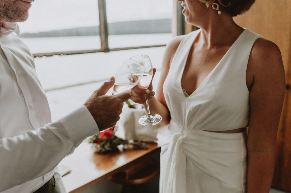 couple at elopement at Pumphouse Point, Lake St Clair wilderness Resort by Joss Jensen Photography