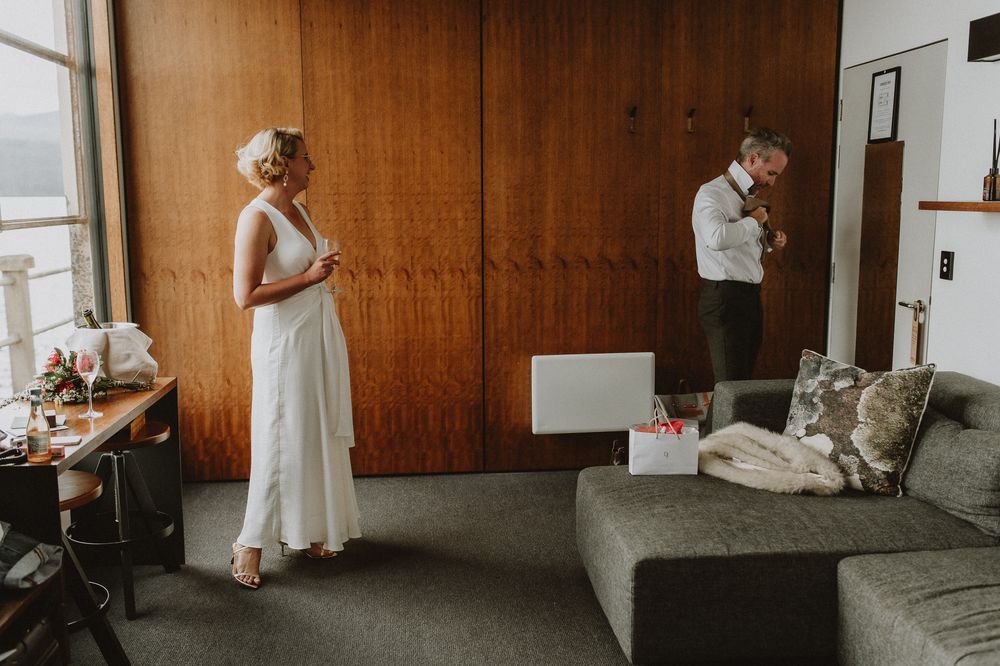 couple at elopement at Pumphouse Point, Lake St Clair wilderness Resort by Joss Jensen Photography