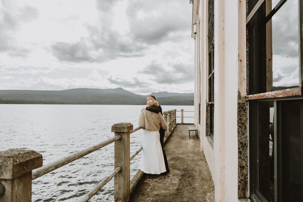 couple at elopement at Pumphouse Point, Lake St Clair wilderness Resort by Joss Jensen Photography