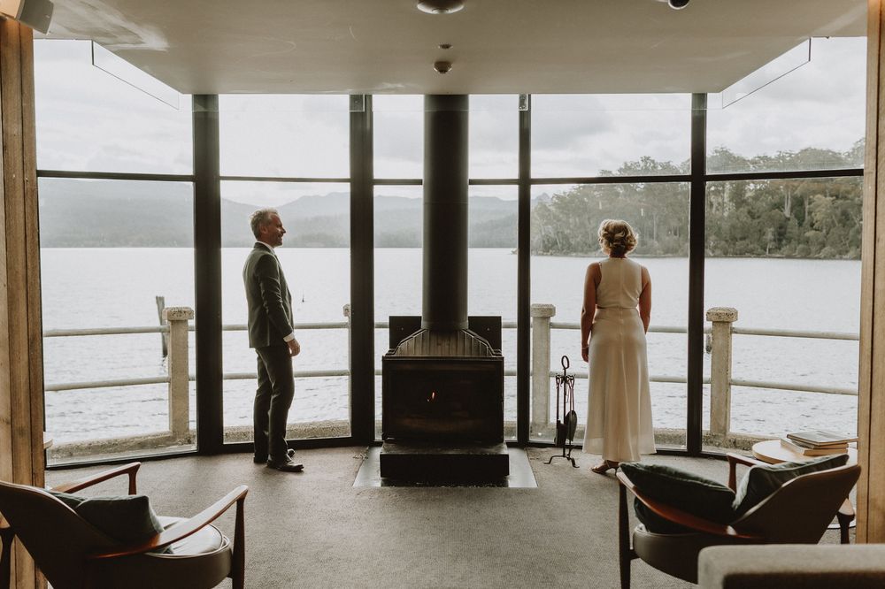 couple at elopement at Pumphouse Point, Lake St Clair wilderness Resort by Joss Jensen Photography