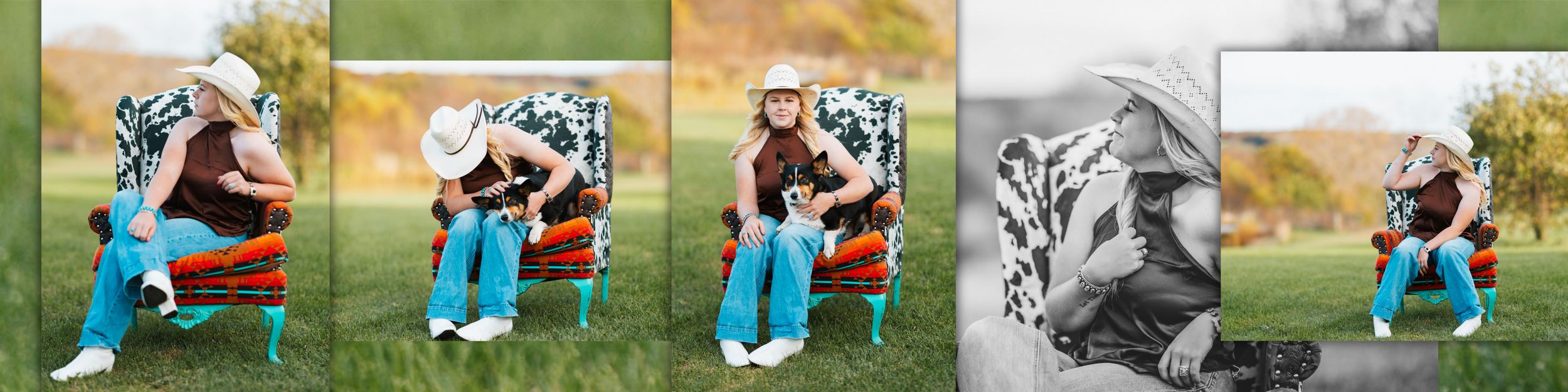 Five sequential photos show a person in blue pants sitting on grass outdoors, displaying different playful poses and emotions.