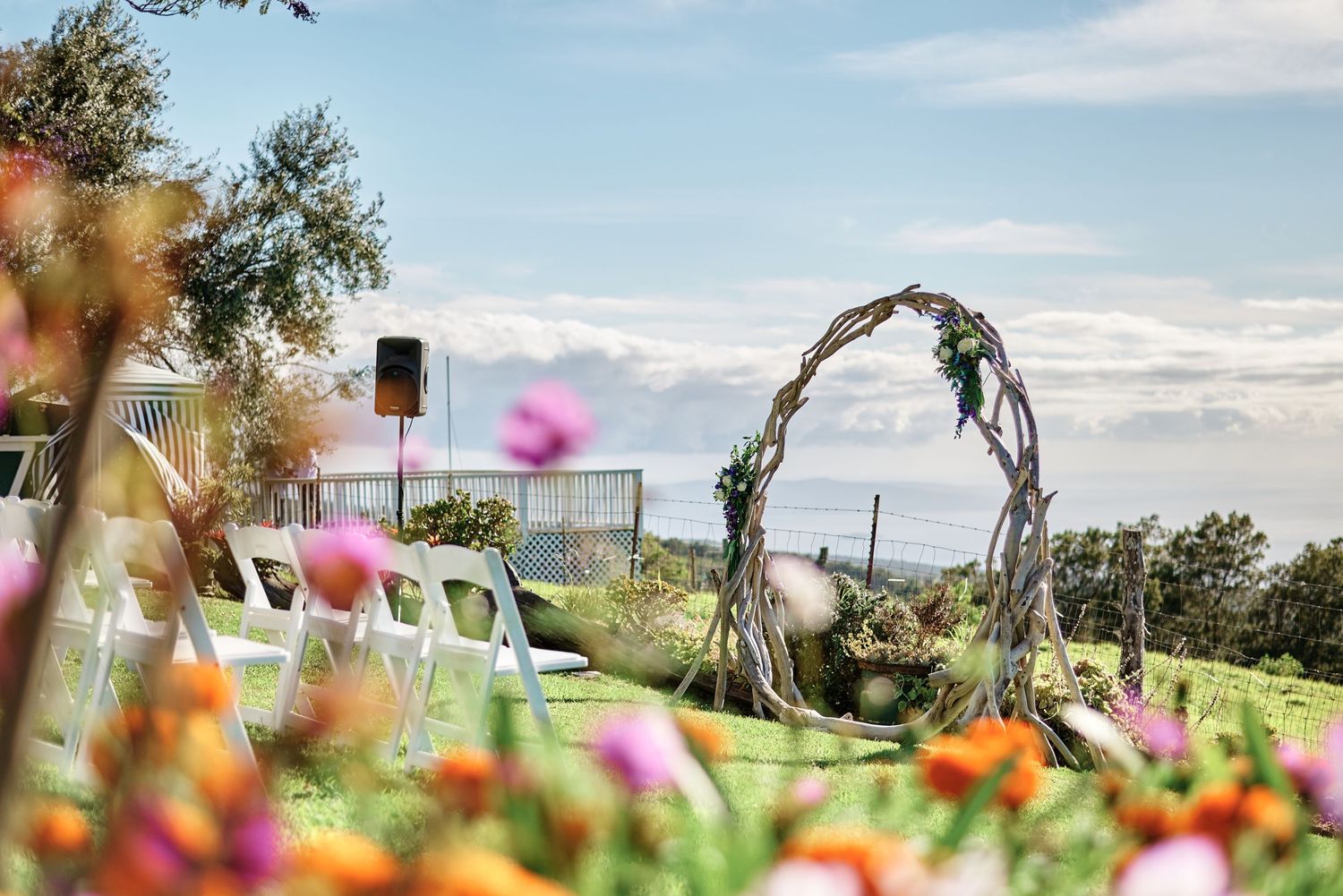 Rustic wedding arch decorated with branches and flowers overlooking a scenic mountain landscape.