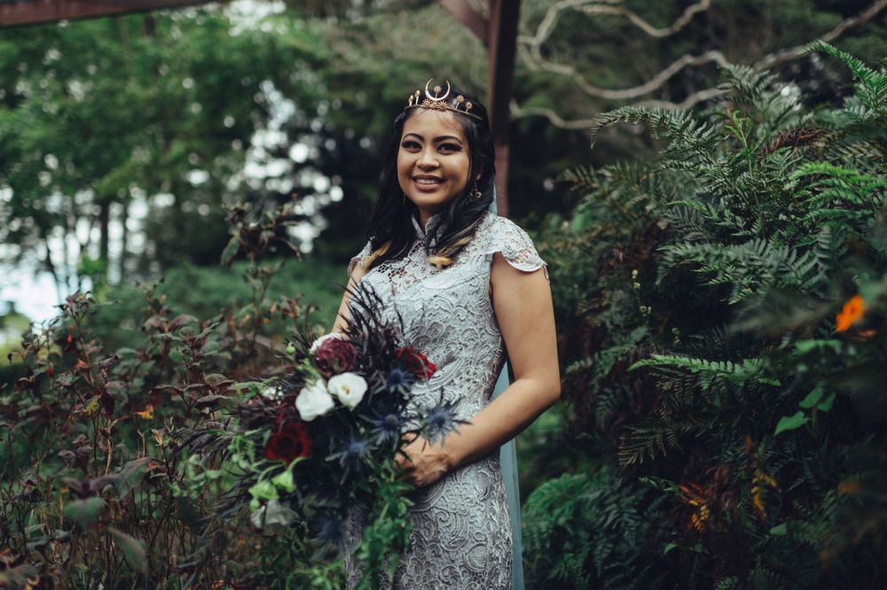 Garden wedding photography session with lace dress details and natural backdrops.