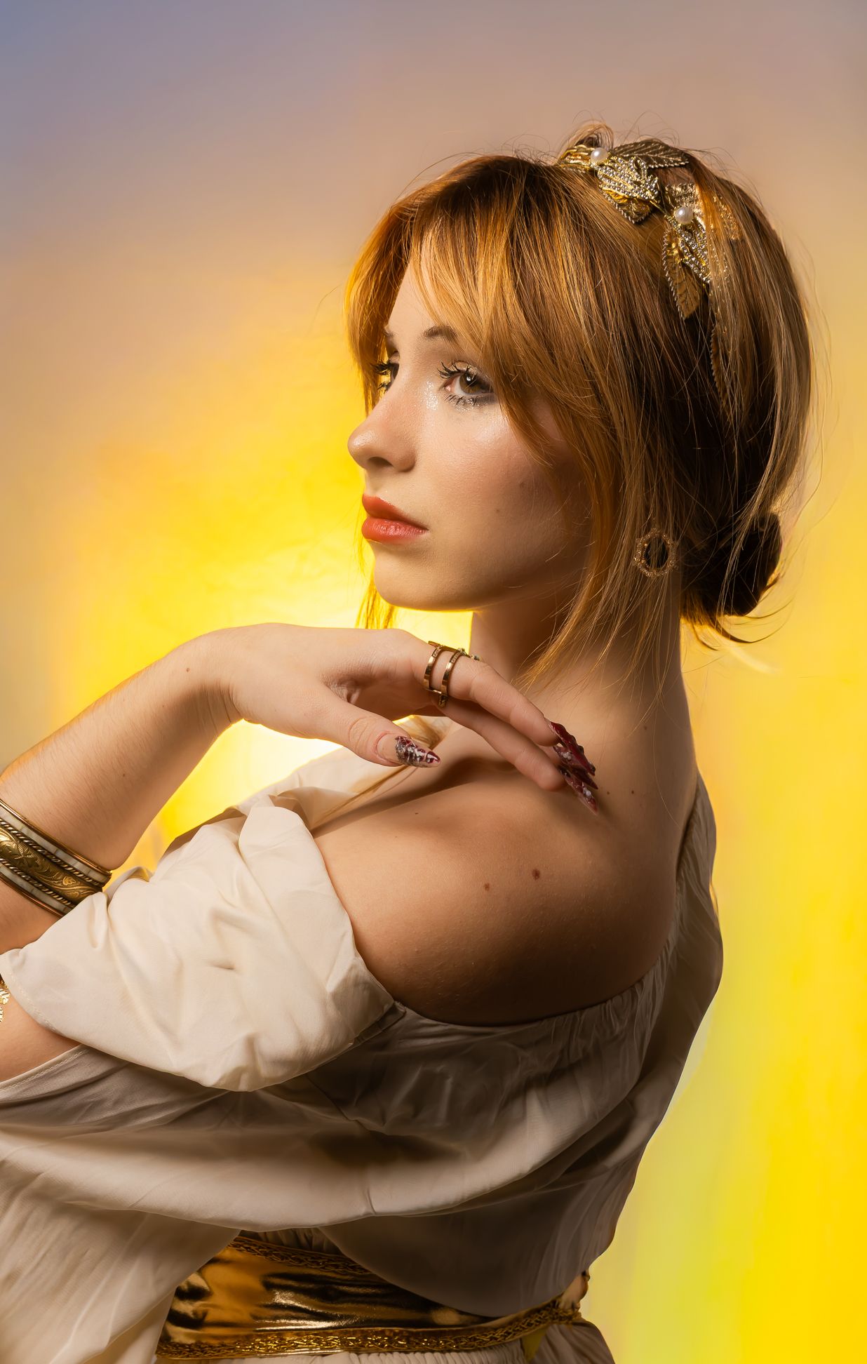 Aphrodite, Goddess of Love, Beauty, Pleasure, Passion & Procreation, sun multi-colour background, girl looking away