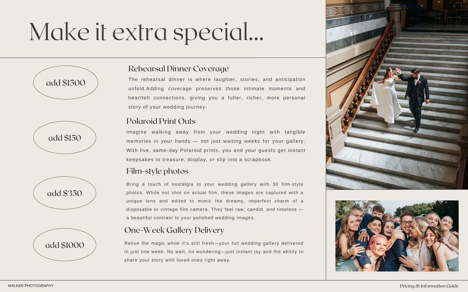 A collection of wedding brochure pages showing text layouts and design elements for a photography business.