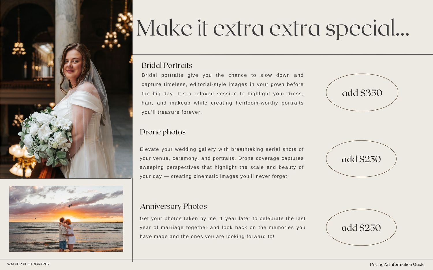 A wedding photography pricing guide layout showing package options and a sunset silhouette photo.