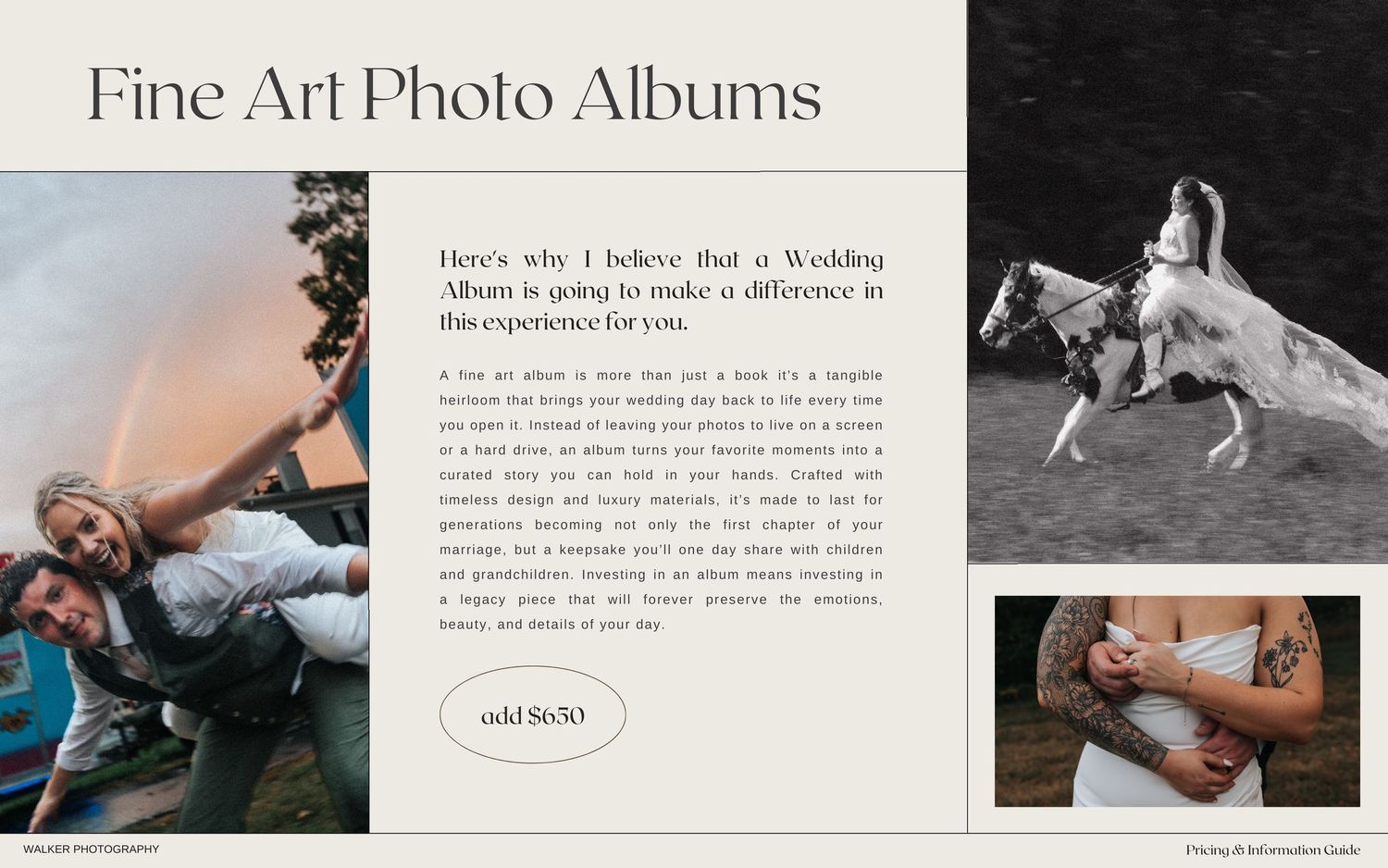 A magazine layout showcasing fine art photo albums with three images and text on a white background.