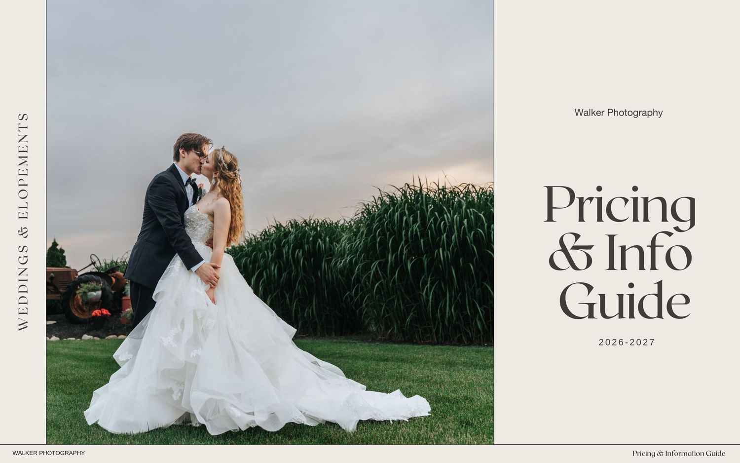 Wedding photography pricing guide cover design with elegant couple portraits and text layouts.