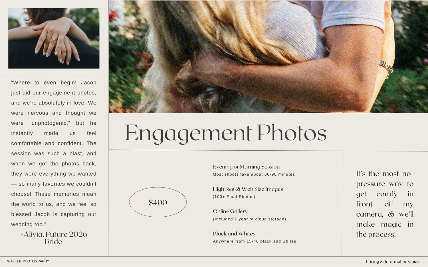A collage of wedding photography layouts and engagement photos with text overlays in a neutral color palette.