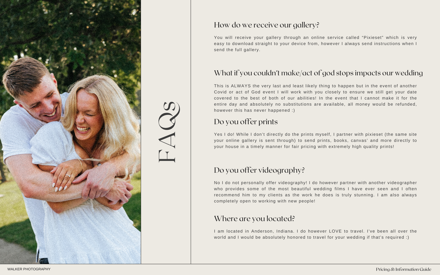 A white and beige brochure layout with text and decorative elements featuring pricing information and photography details.