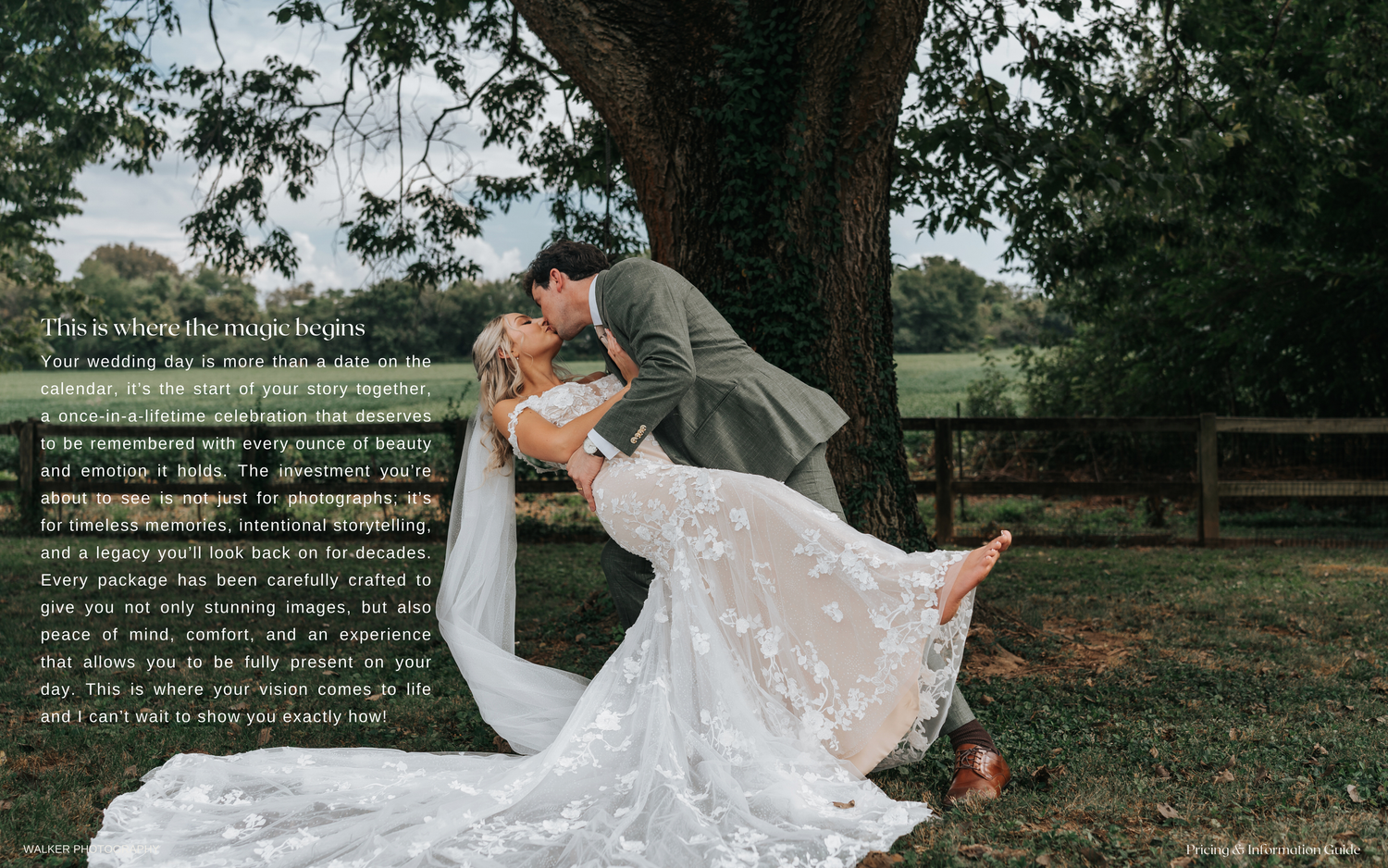 A romantic wedding pose under a large tree with a flowing white lace dress spread beautifully on the ground.