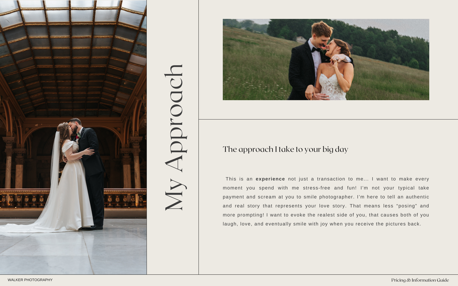 A wedding photo album layout showcases various rustic barn and outdoor scenes with elegant typography and natural tones.