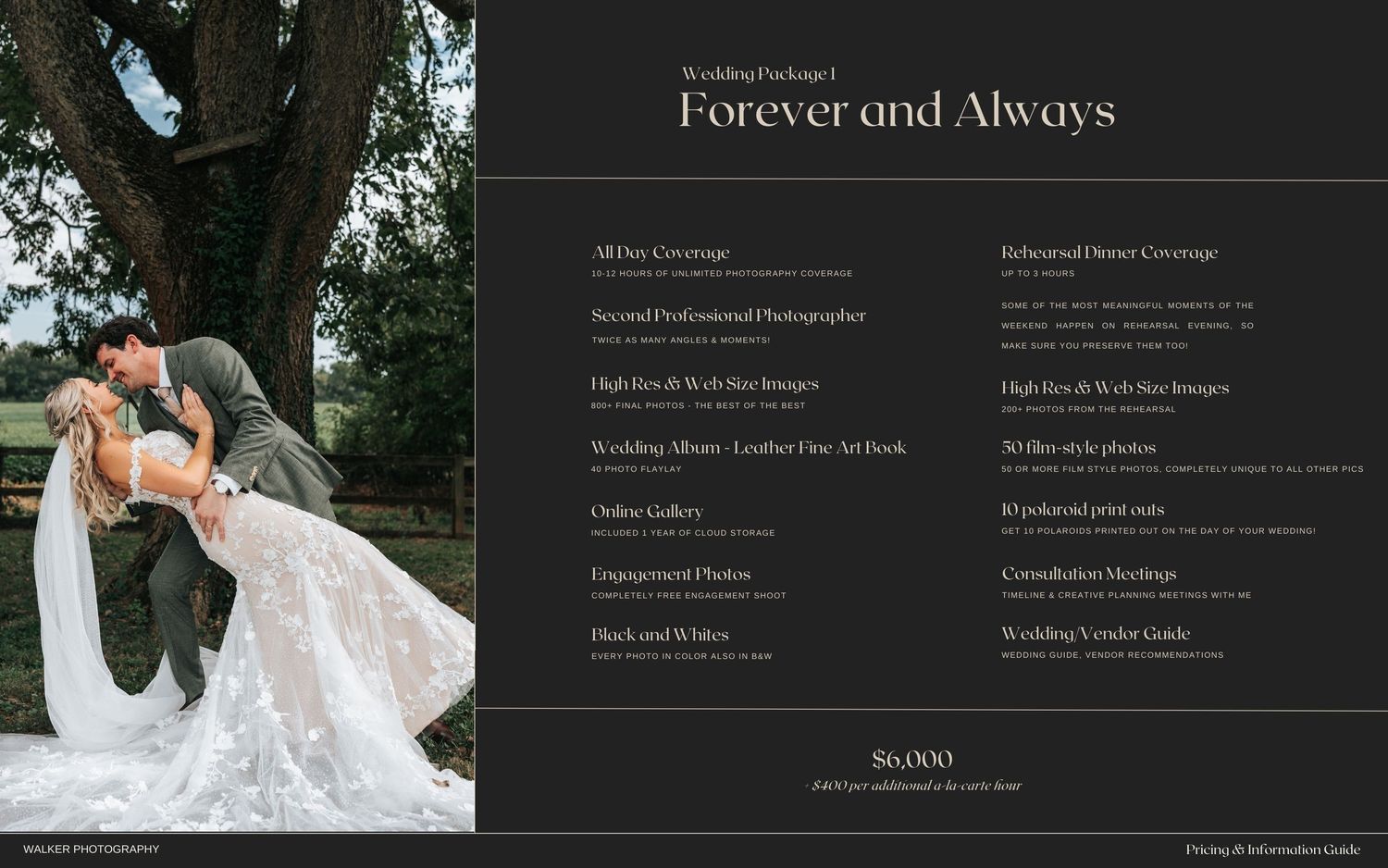 A wedding photography brand guide displaying Forever and Always text with elegant dark layouts and sample images.