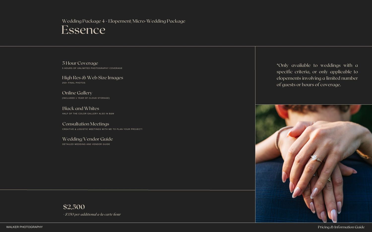 A collection of dark themed wedding photography brand guide pages showing elegant layouts and typography.
