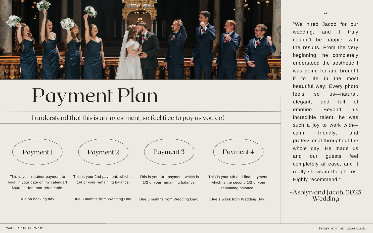 Wedding planning payment schedule template showing four payment milestone steps with arrows in a linear timeline format.