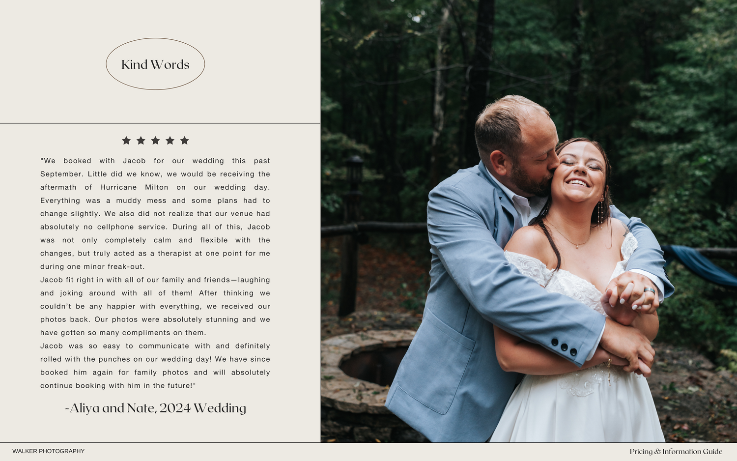 Four black and white wedding photos arranged in a collage showing couple embracing in forest setting.