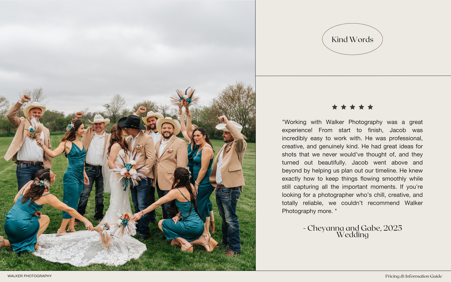 A wedding party celebrates joyfully in a grassy field while laughing and posing together for a candid photograph.