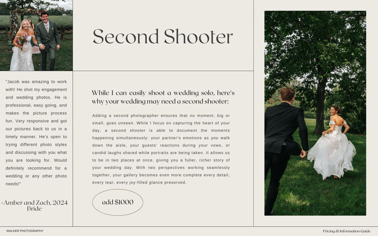 A series of wedding photography portfolio pages showing outdoor garden scenes and elegant layouts.