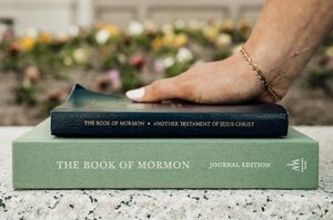 Row of religious books including The Book of Mormon laid out on a textured surface.