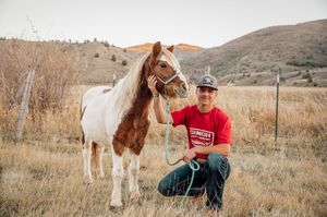 Horse photography session in rustic field with mountain backdrop.