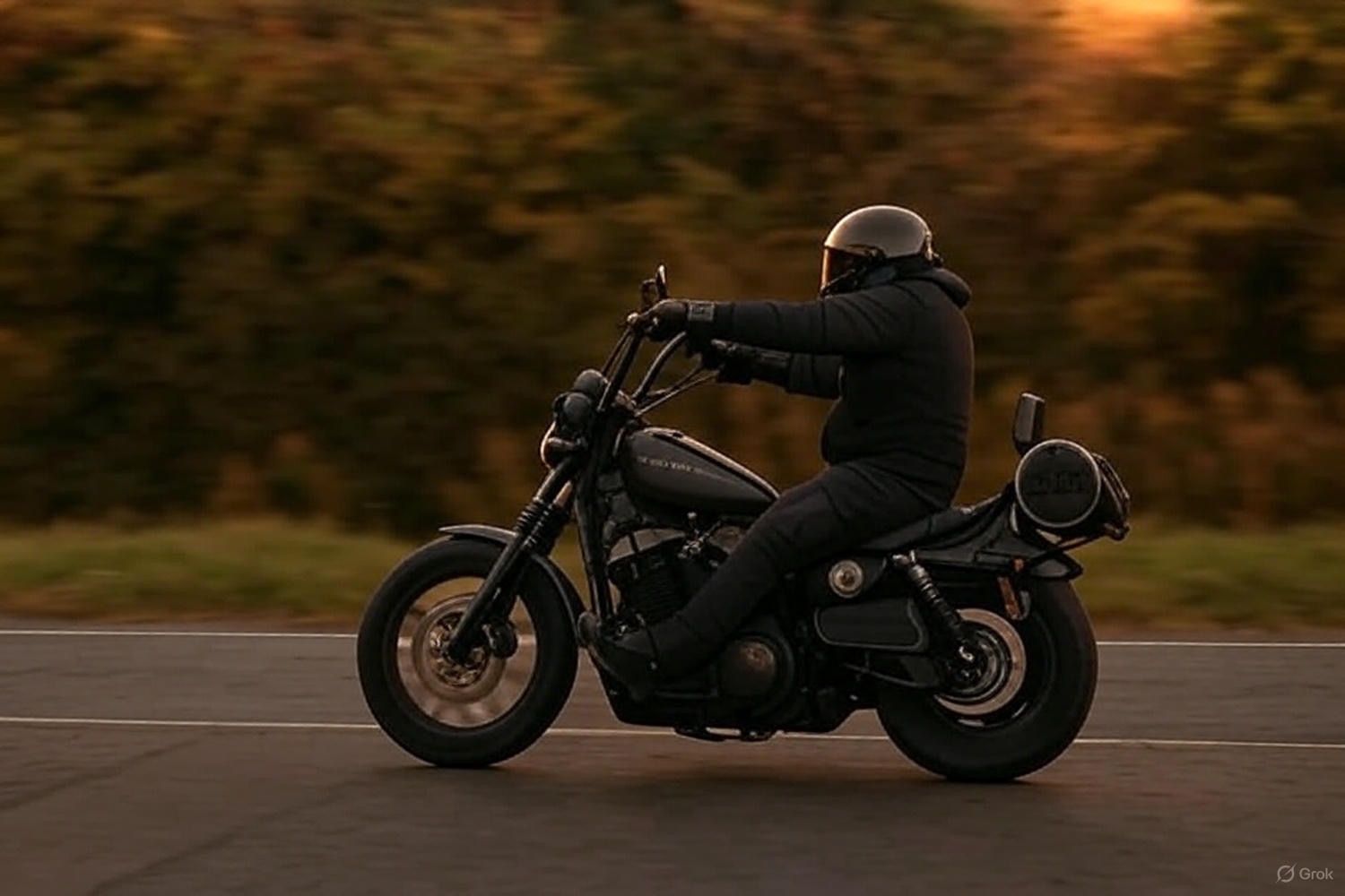 A black motorcycle silhouetted against a warm sunset sky with orange and golden hues in the background.