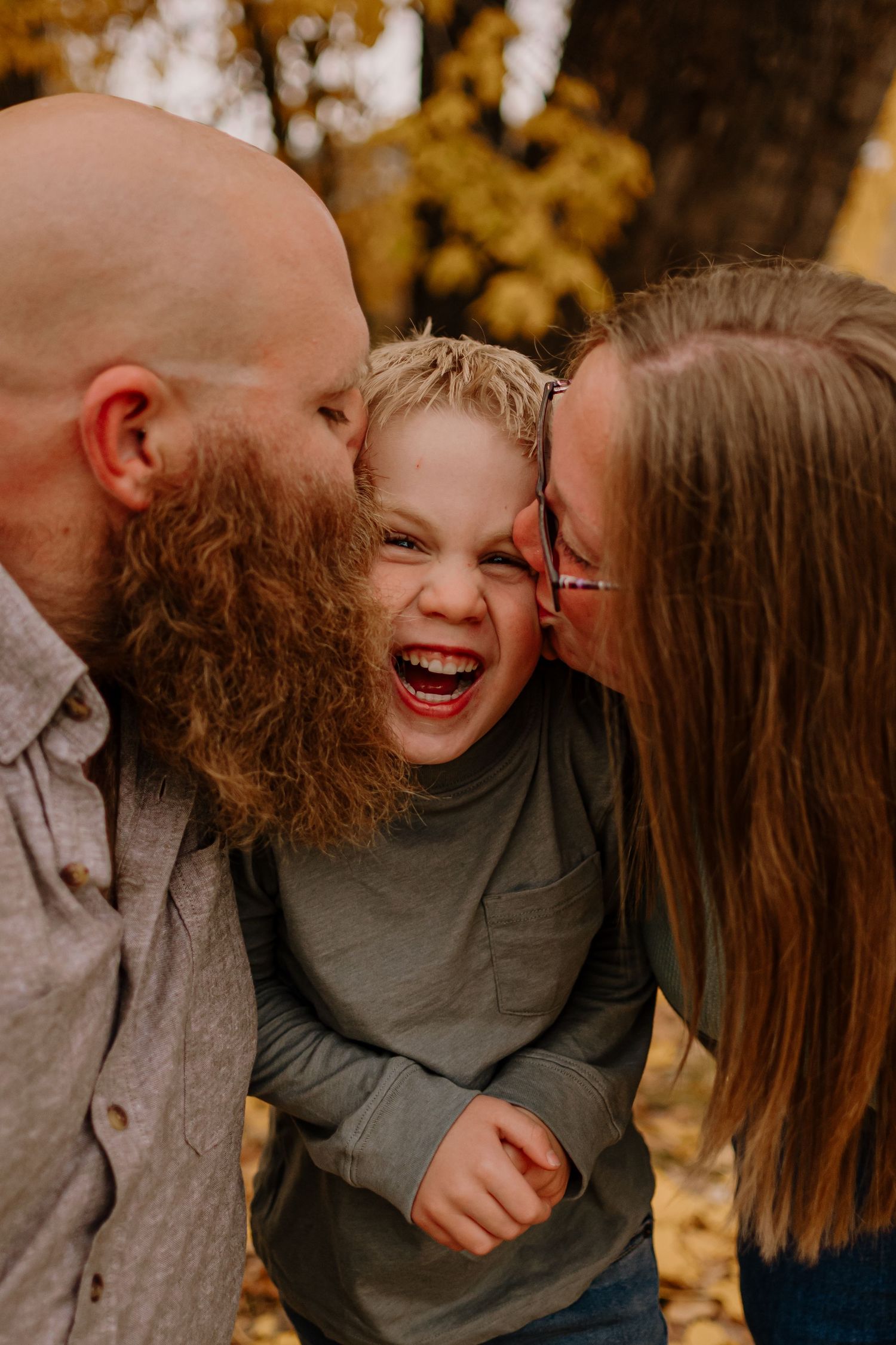 A joyful candid sequence showing intimate moments between a couple during an autumn photoshoot outdoors.