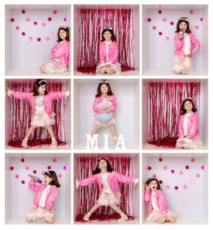 Nine-panel photo grid featuring pink and white decor with sparkly curtains and polka dot garland as backdrop.