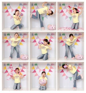 A playful photo collage against a pastel backdrop with colorful triangle bunting and a pink plush toy.