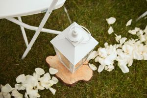 White rose petals scattered on lush green grass create a romantic outdoor wedding setting.