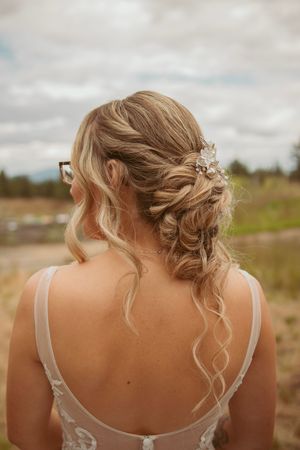 Elegant bridal hairstyle with delicate crystal hair accessories shown from behind.