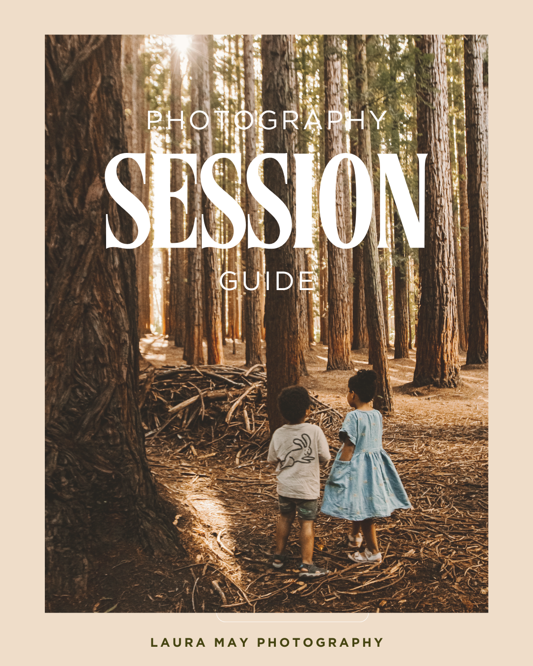 A photography guide cover showing two children walking through a sunlit forest path.