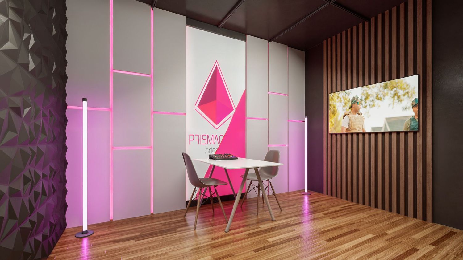 Modern office meeting space with pink neon lighting, wood slat wall, and geometric wall panels.