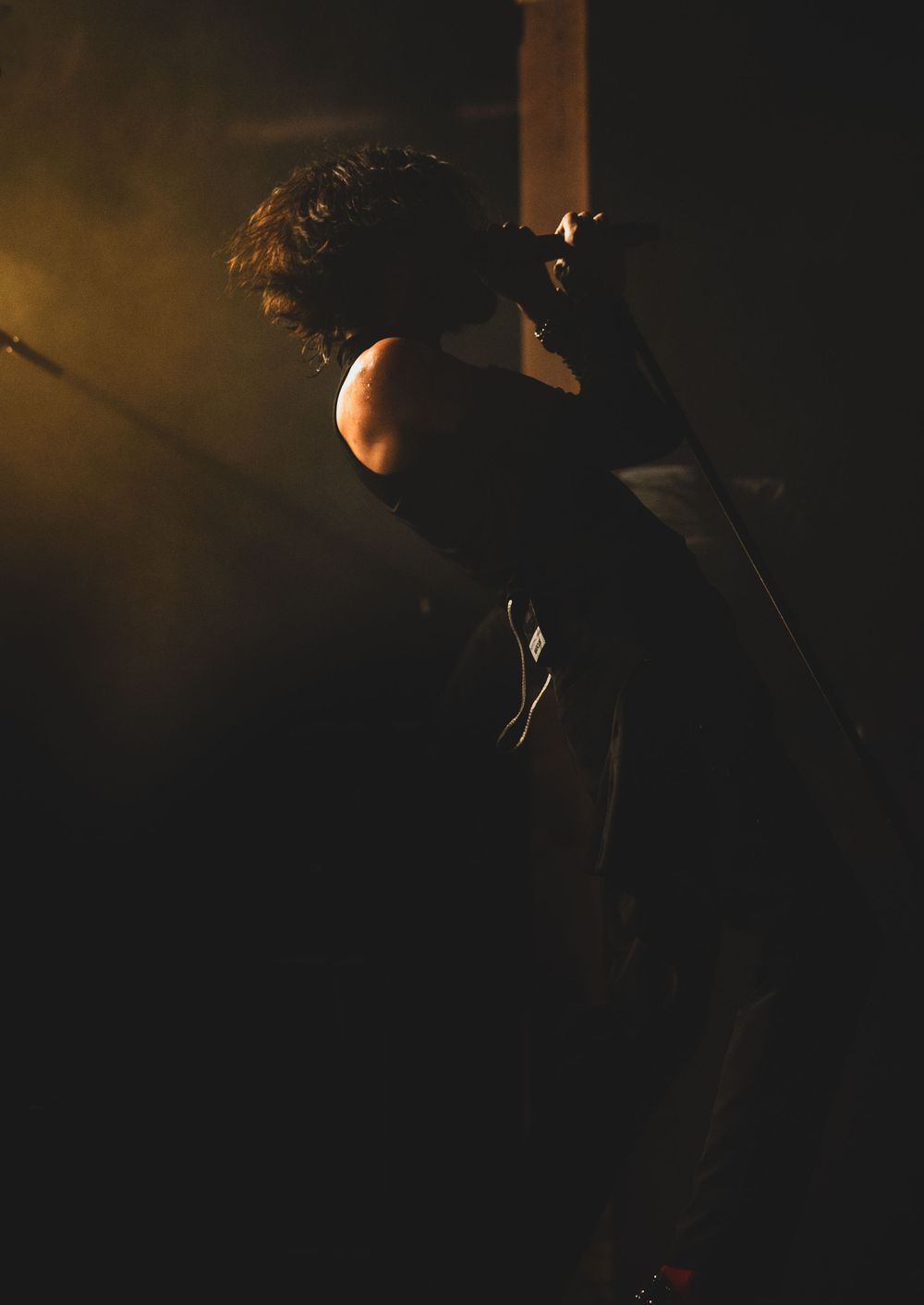 A darkly lit concert performer silhouetted against dramatic backlighting while singing into a microphone on stage.
