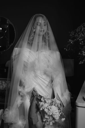Series of ethereal veiled wedding photos with soft lighting against a dark background creating a mysterious atmosphere.